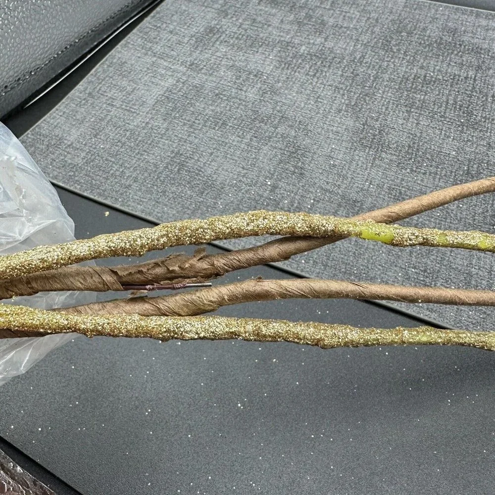 Gold Glitter Christmas Tree Picks Leafs Long Stems Floral Lot of 4 Crafts Decor